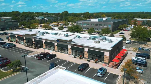 Aerial view of the Franka Pizzeria building on University Ave in Clive